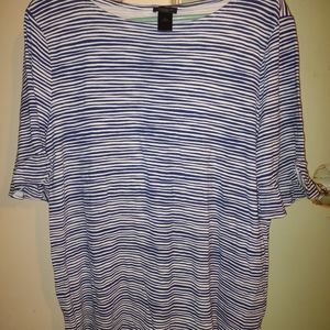 Woman's Ann Taylor Blue and White Striped XL Blouse With Ruffled Short Sleeves